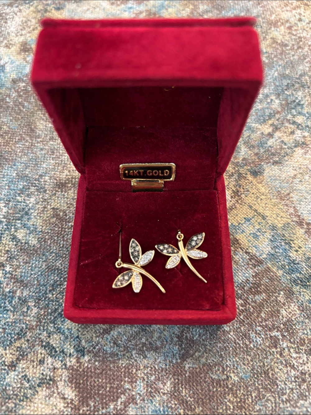 14KT Gold Dragonfly-Style Earrings with Clear Stones - Gold